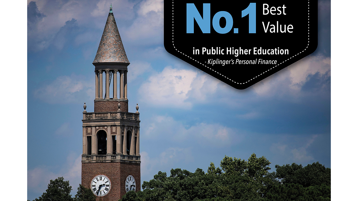 Image shows the Bell Tower and Carolina blue sky and the words "No. 1 Best Value in Public Higher Education: Kiplinger's Personal Finance"