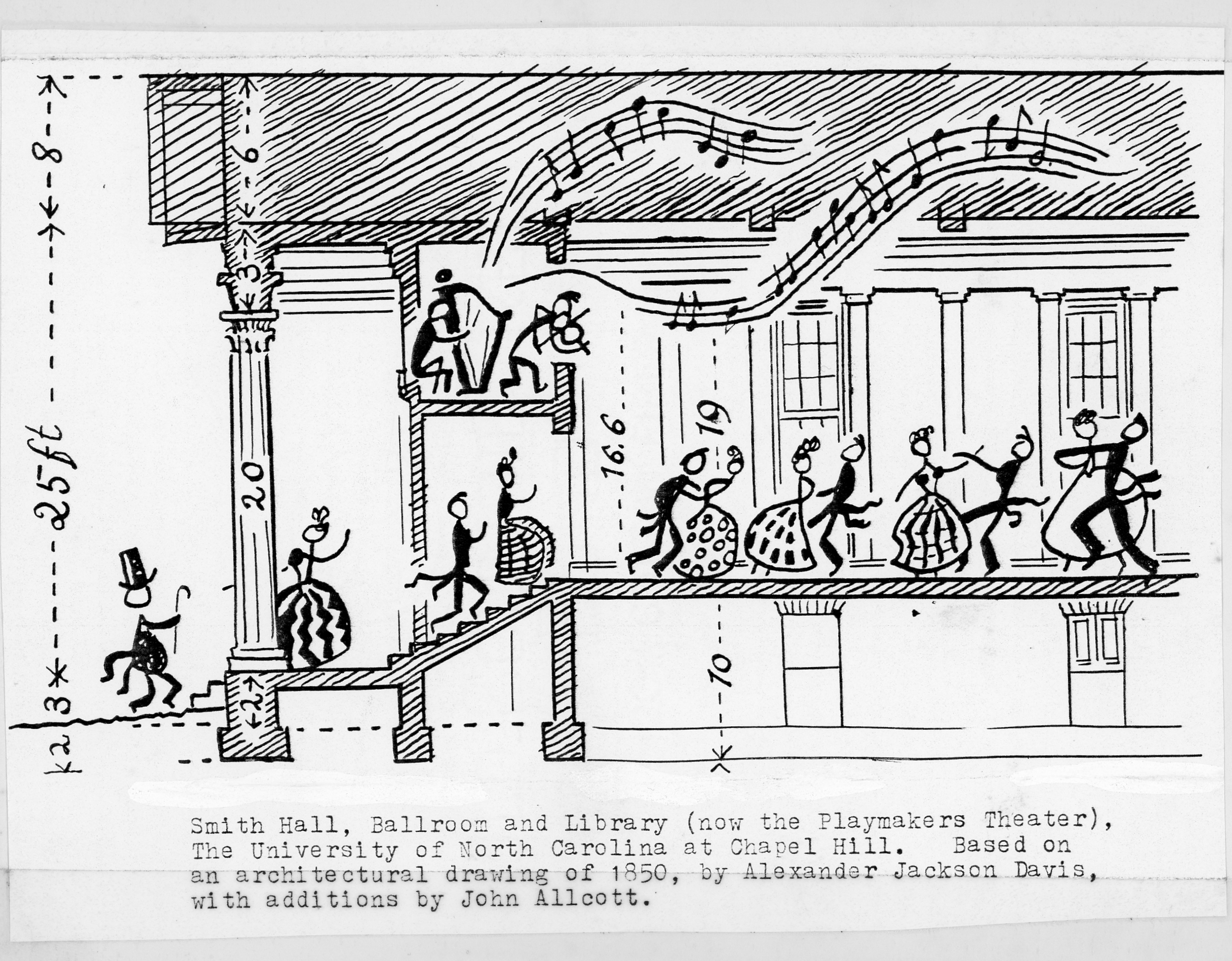 This whimsical sketch by John Allcott of ballroom dancing in Smith Hall (now Playmakers Theatre) is featured in the architecture book. 