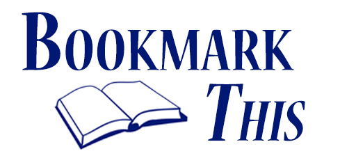 Bookmark This graphic mark in blue with a little graphic of an open book underneath the words.